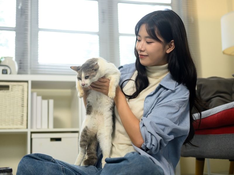 Girl holding cat indoors